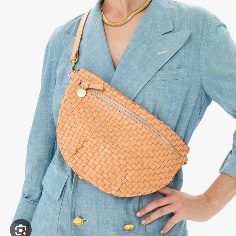 Clare V Grande Fanny Crossbody Purse Bisque Woven Checker